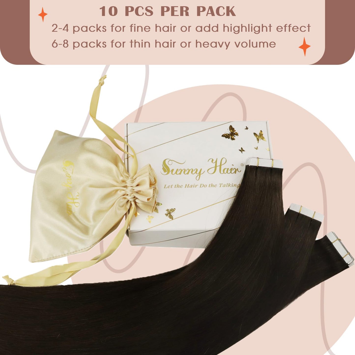 Sunny Hair Tape in Hair Extensions Real Human Hair Invisible Remy Hair Extensions Tape ins for Women Darkest Brown 20 inch 25G