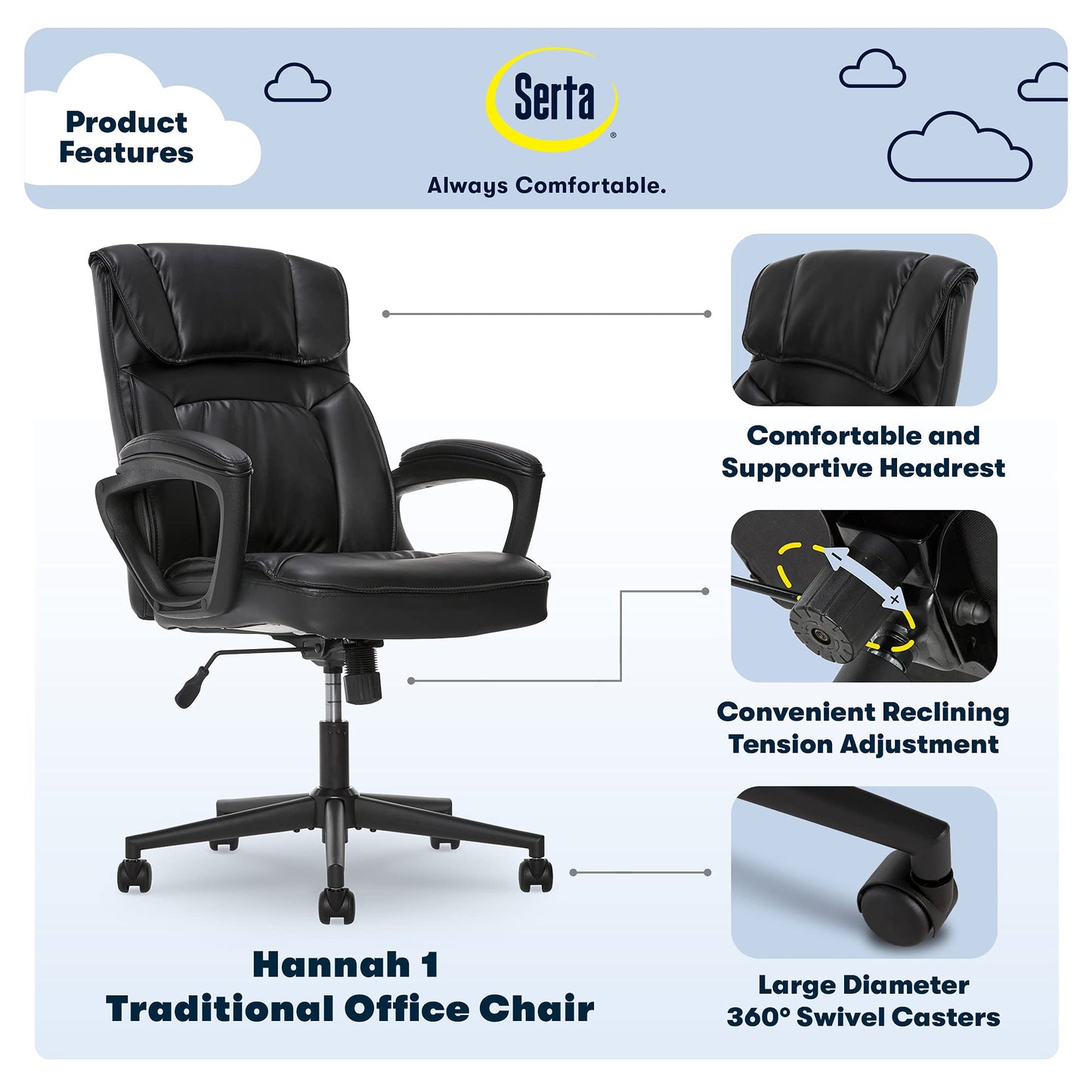 Serta Hannah Executive Home Office Desk Chair, Ergonomic Mid-Back with Lumbar Support, Firm Seat Cushion, Layered Body Pillows, Padded Armrests, Swivel Base, Easy Assembly, Bonded Leather, Black
