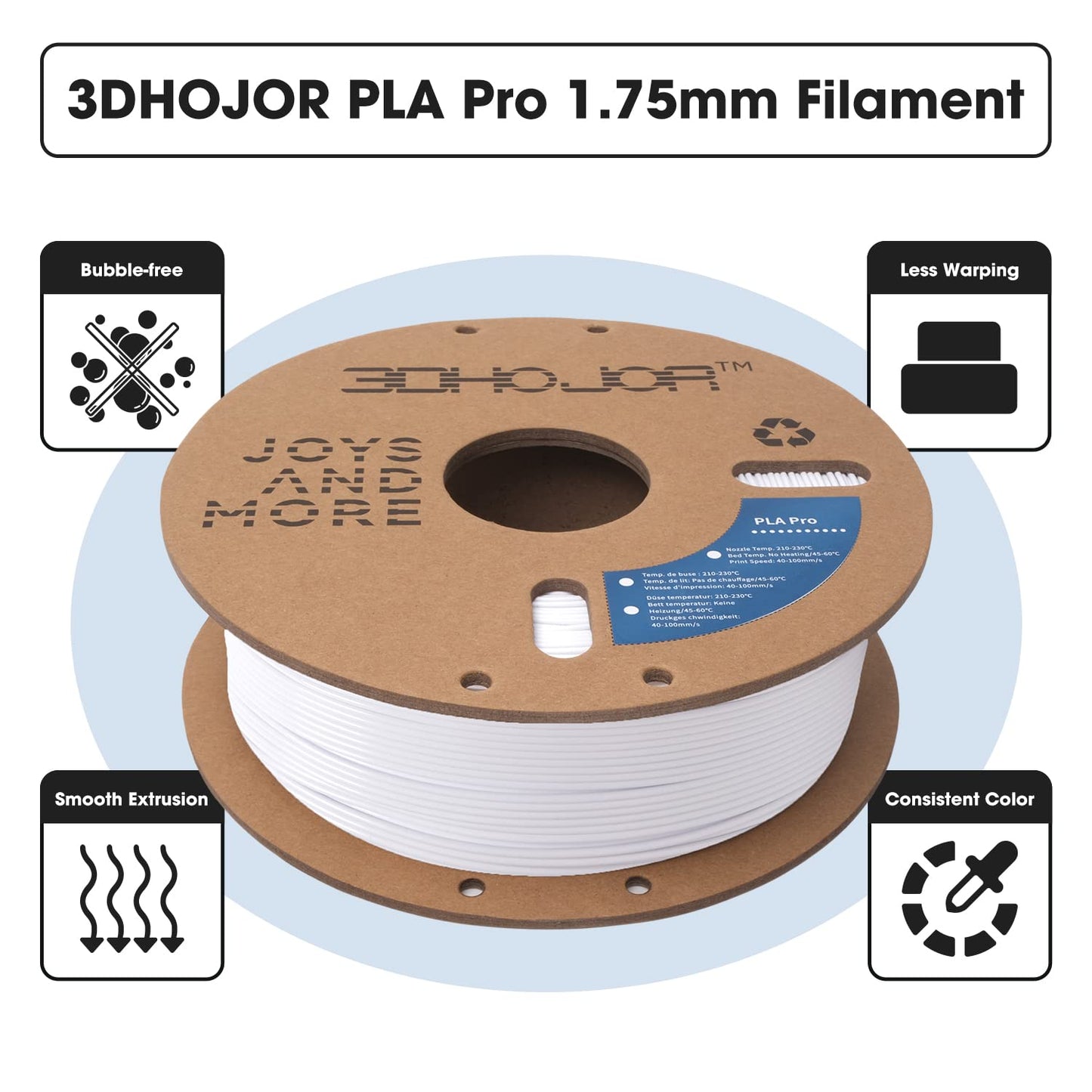 3DHoJor PLA Pro Filament 1.75mm Cold White,PLA Plus Filament, Odor Free, Clog Free 3D Printer Filament,1kg Cardboard Spool (2.2lbs), Dimensional Accuracy +/- 0.03 mm, Fit Most FDM 3D Printer