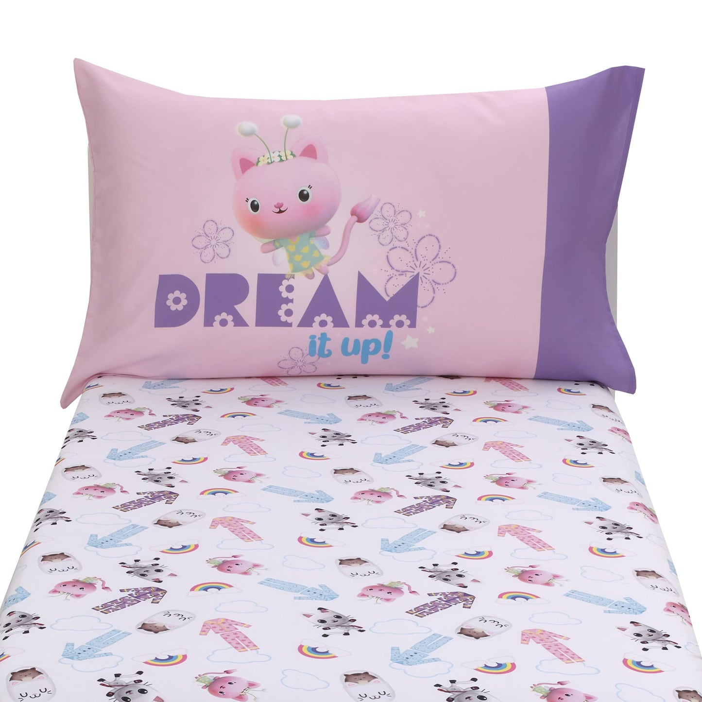 DreamWorks Gabby's Dollhouse Dream It Up Pink and Purple Kitty Fairy 2 Piece Toddler Sheet Set - Fitted Bottom Sheet and Reversible Pillowcase