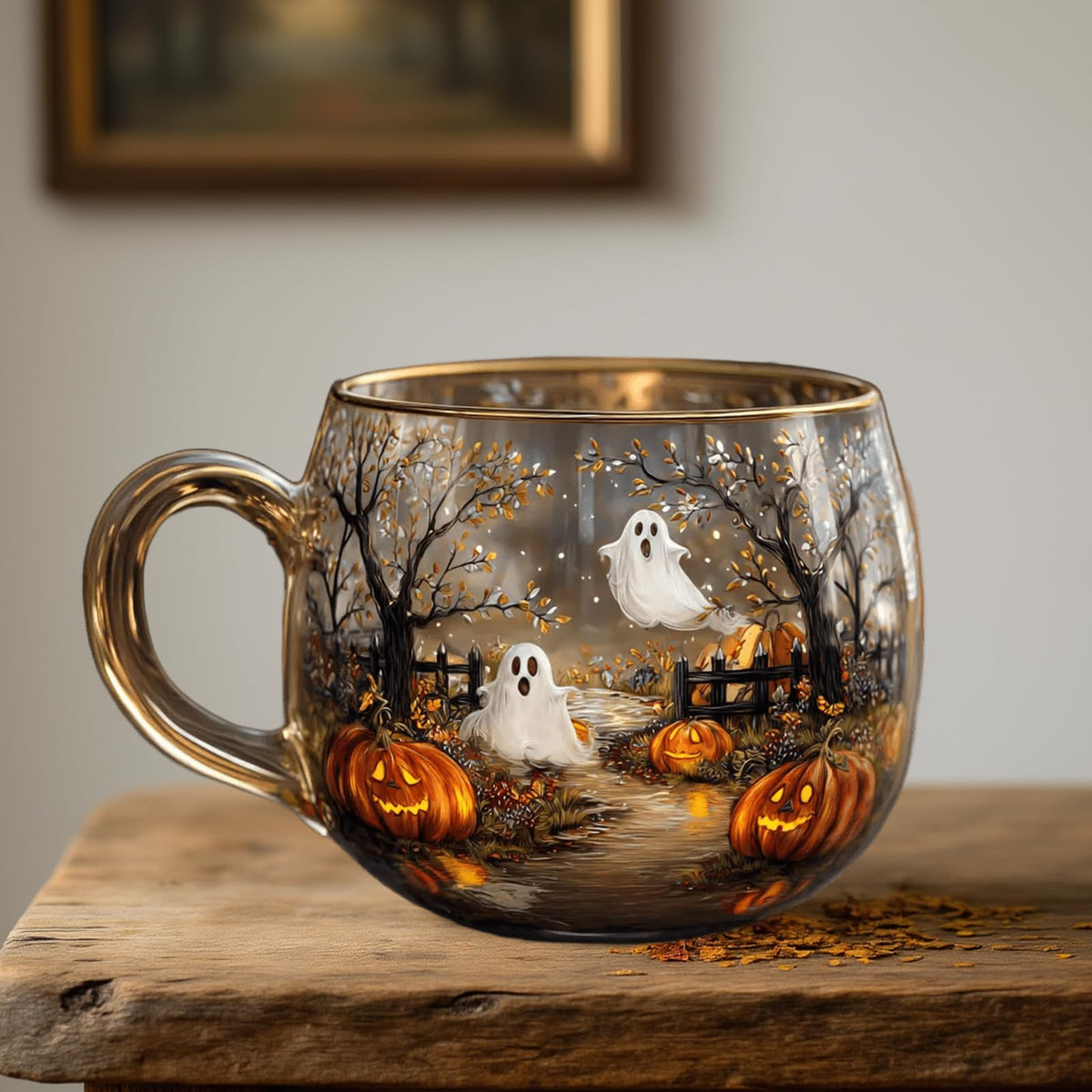 Haunted Path Halloween Mug - Hand Painted Pumpkin and Ghost Design, Spooky Coffee Mug for Halloween Gifts, Fall Decor, Microwave Safe (3.9 * 3.1 inch) (1pcs)