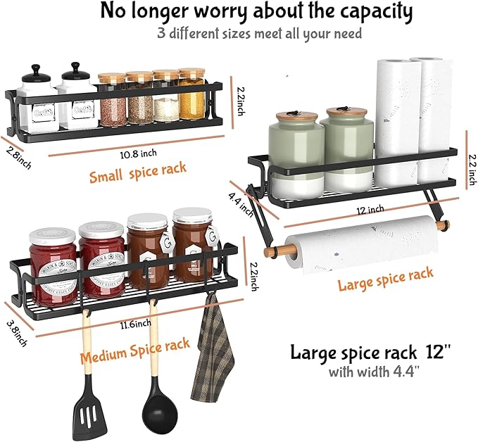 3 Pack Spice Rack Wall Mount With Paper Towel Holder and Hooks,Adhesive Hanging Spice Rack for Spice Jars and Seasonings, Space Saving Spice Racks Organizer for Cabinet,Pantry Door,Black
