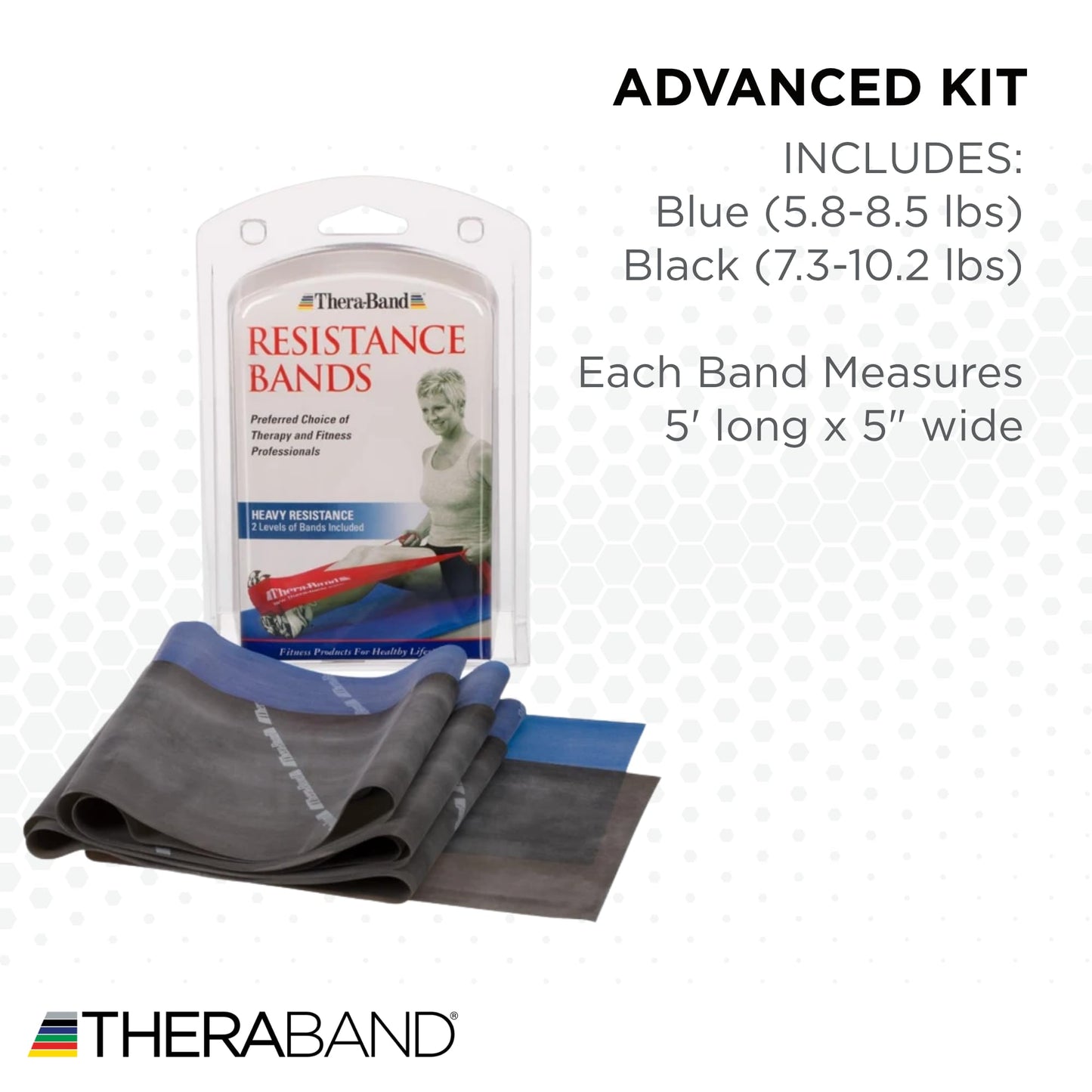 THERABAND Resistance Band Set, Professional Latex Elastic Bands for Upper & Lower Body & Core Exercise, Physical Therapy, Lower Pilates, At-Home Workouts, and Rehab, 5 Foot, Blue & Black, Advanced