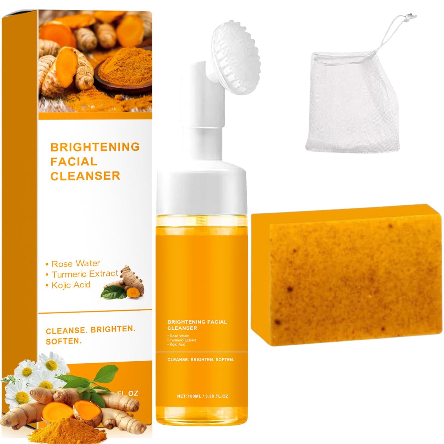 EIVJEC Turmeric Wash and Care Two Piece Set, Facial Cleanser & Soap Bar,Face & Body Cleanser, Face Wash and Natural Handmade Soa