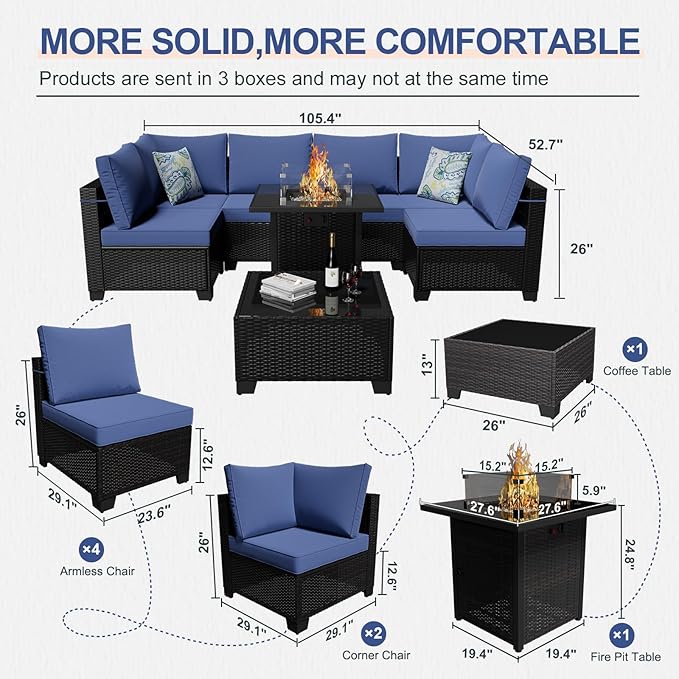 Ophelian 8 Piece Patio Furniture Set with Fire Pit Table, Wicker Outdoor Sectional Furniture, Outside Rattan Patio Couch Sets for Backyard, Garden, Deck (Brown/Blue)