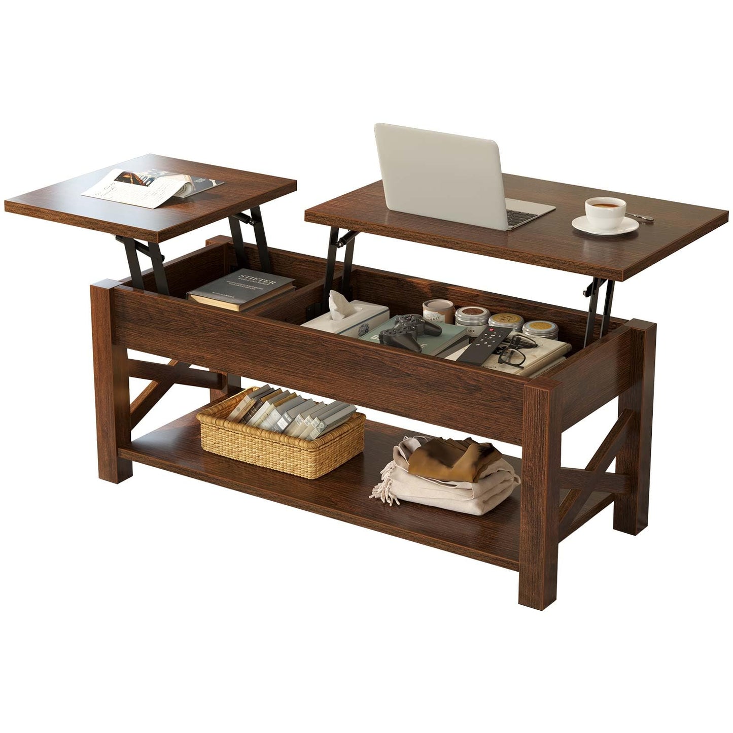 Rolanstar Coffee Table, 47.2" Lift Top with Hidden Compartment, 2 Way Lift Top Coffee Table with Open Shelf & X Wooded Support, Farmhouse Center Table for Living Room, Espresso