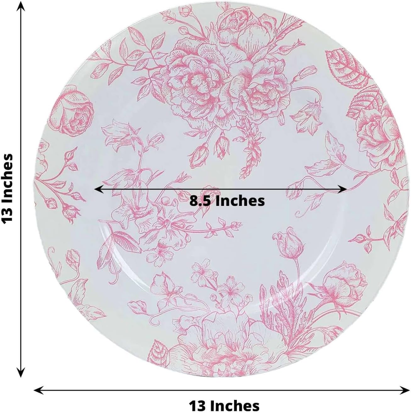 Efavormart 6 Pack White Pink Floral Acrylic Charger Plates in French Toile Pattern, Round Dinner Charger Event Tabletop Decor - 13"