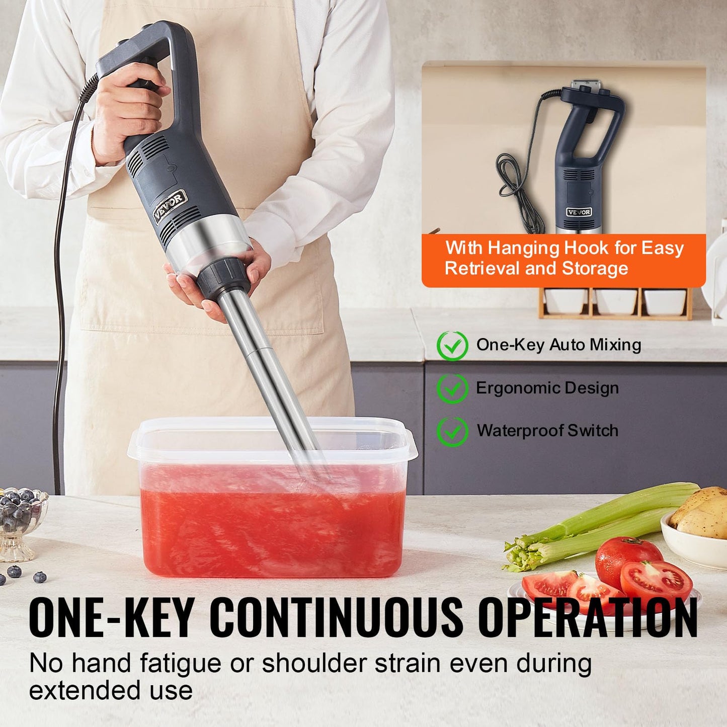 VEVOR Commercial Immersion Blender, 500W Heavy Duty Hand Mixer, 16 inch Stepless Variable Speed Mixer with Stainless Steel Blade, Multi-Purpose Portable Mixer for Soup, Sauces, Mashed Potatoes, Cream