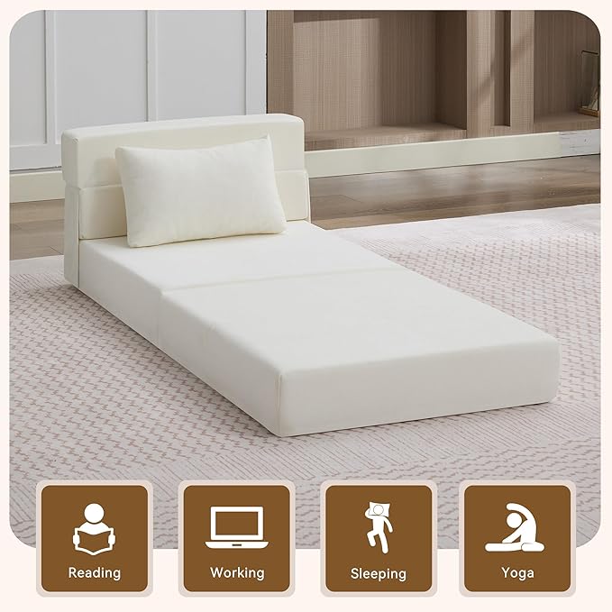 WUTUTUEE Folding Sofa Bed Convertible Floor Couch Foldable Chair Bed with Pillow，Linen Sleeper Chair Futon,Foldable Memory Foam Mattress for Bedroom/Living Room/Dorm/Office (Beige, Single)