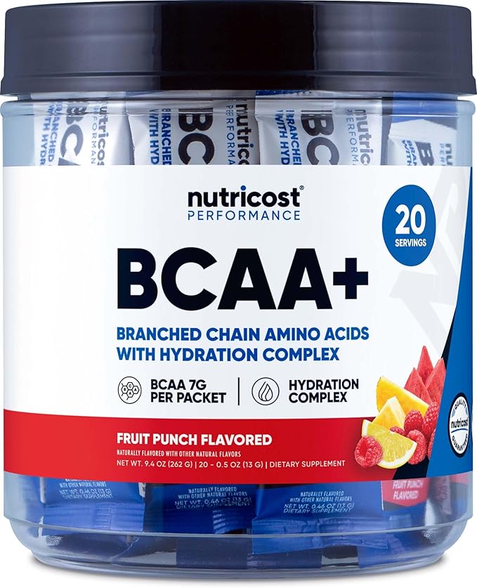 Nutricost BCAA+ Hydration Fruit Punch Flavor (20 Stickpacks) - Branched Chain Amino Acids with Hydration Complex - Gluten-...