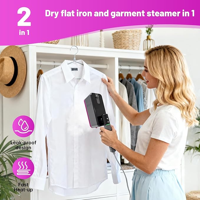 travel steamer for clothes portable mini, 125ml Water Tank, 30S Fast Heat-Up, 180° Swivel Handle, 110v with LCD Display, Powerful Wrinkle Remover for Home, Office, Traveling