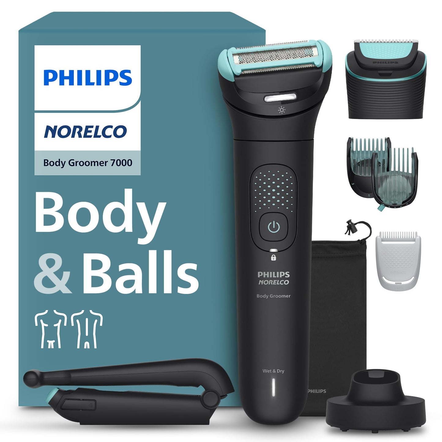 Philips Norelco Body Groomer 7000, Whole Body Trimmer, 100% Showerproof, BG7480/50, Black, Contour-Following Flexing Head