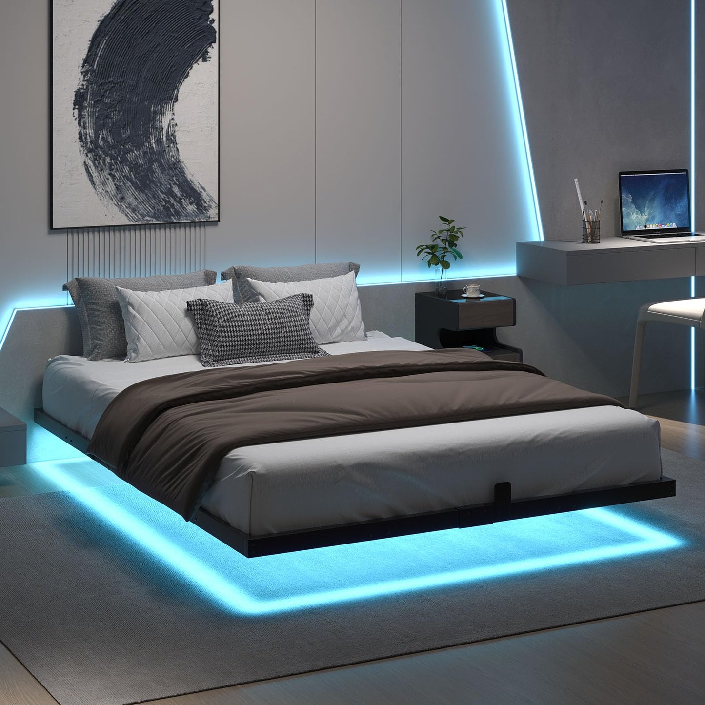 HOMBCK Floating Bed Frame Full Size with Smart LED Lights, Metal Platform Bed, No Box Spring Needed, Noise-Free, Easy Assembly