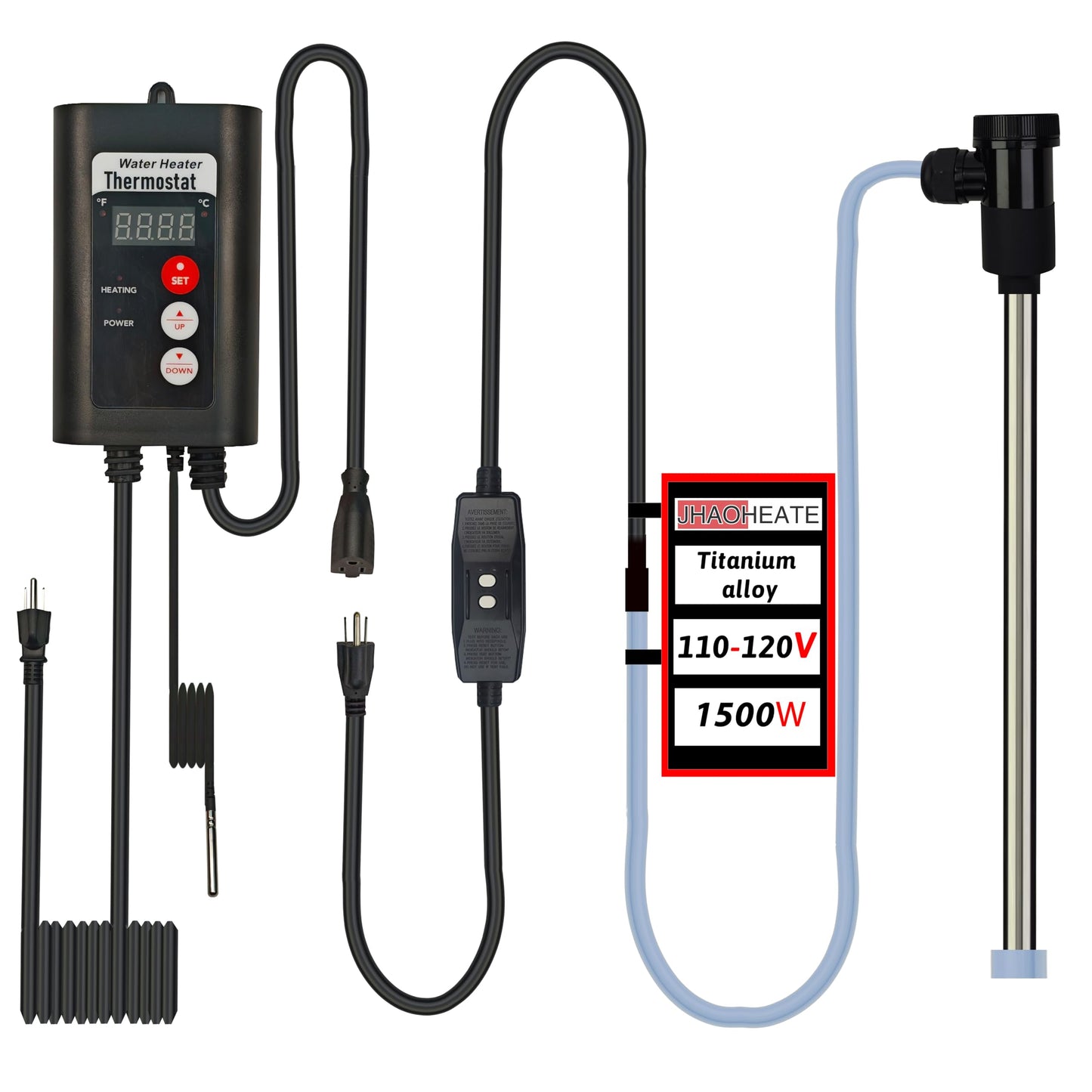 JHAOHEATE 1500W Titanium Immersion Water Heater with Temp Control & GFCI – Submersible Electric Heater for Above-Ground Pool, Baptistry, Baptismal Pool, Spa, Bucke, Hot TubBathtub & Inflatable Pool
