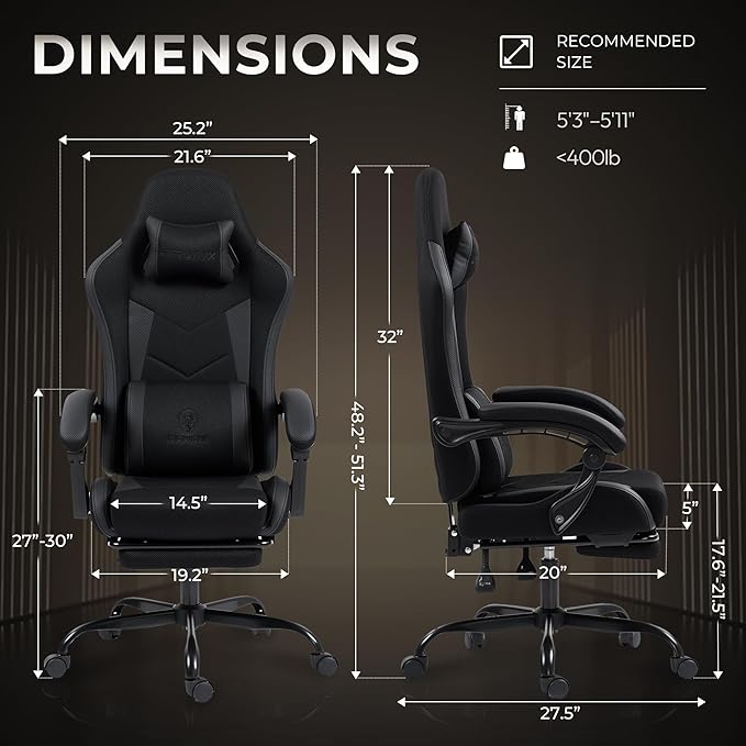 Gaming Chair with Footrest, Ergonomic 330lbs Leather Mesh Chair, Massage Lumbar Support, Adjustable Height & Headrest Pillow, Breathable Seat for Office, Home, Streaming, Long Gaming Sessions, Black