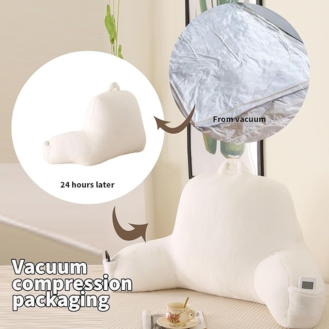 PAJEO Reading Pillow for Sitting in Bed, Large Backrest Reading Pillow with Arm Rest,Back-Rest Support Cushion for Sit Up on Couch, Sofa, and Floor, Dorm Essentials (White Faux Fur, Standard(17"))