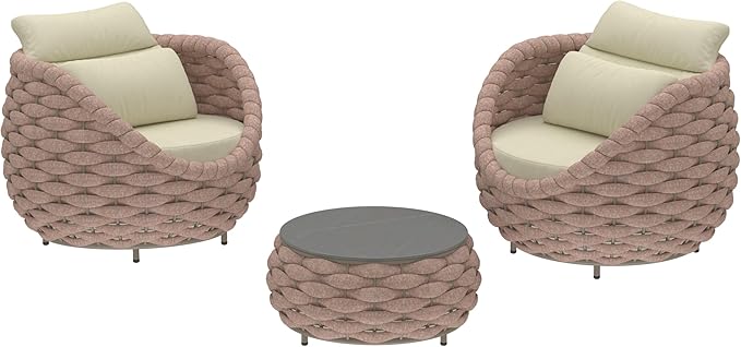 Erotr 3 Pieces Porch Furniture Set: Aluminum Patio Conversation Sofa Set - Assembled Couch Armchair Table Set Cushioned - Hand Woven Rope Chair Set 400 LBS All Weather for Indoor Deck Balcony Hotel
