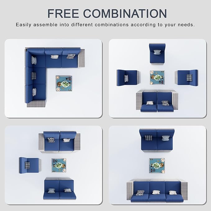 PCSXDSW 6 Pieces Patio Conversation Set, Rattan Furniture Set with Wide Armrests and Coffee Table, Outdoor Modular Sectional Couch Wicker Sofa for Garden Backyard Balcony Porch Deck (Blue Cushions)