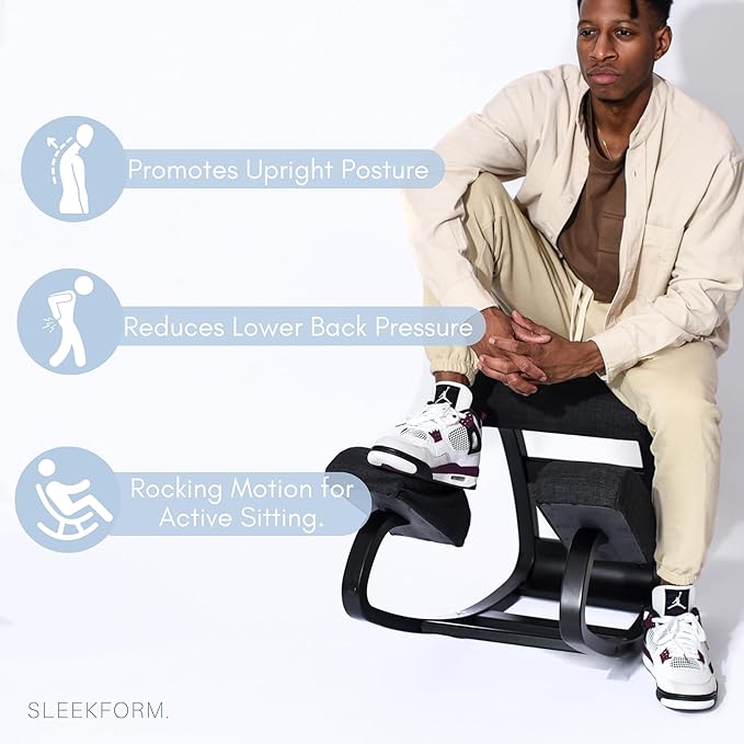 Sleekform Ergonomic Kneeling Chair | Rocking Balancing Wood Knee Stool | Posture Chair for Bad Backs, Neck Pain & Spine Tension Relief | Orthopedic Balance Seat & Thick Comfortable Knees Cushions