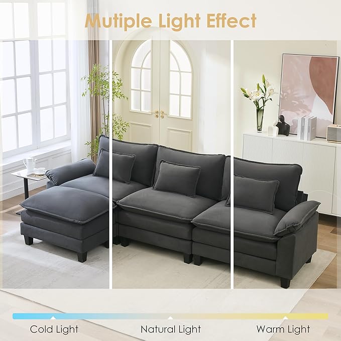 URRED Cloud Couch Modular Sectional Sofa, 122'' Modern L Shaped Deep Seat Sofa with Ottoman & Pillows, Ultra Comfy Velvet Couches for Living Room, Bedroom or Apartment, Dark Gray