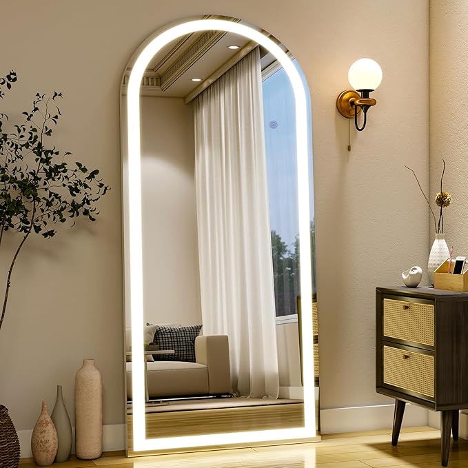 26x68 inch Full Length Mirror with Lights, LED Lighted Floor Standing, Hanging Full Length with Stand, Full Body Dressing Mirror with Dimmable 3 Color LED