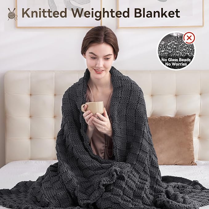 Knitted Weighted Blanket for Adult, No Beads Heavy Blanket 50” x 60'' 5lbs, Breathable Chunky Knit Blanket, Cooling Weighted Blanket for Hot Sleepers, Christmas Home Decor (Dark Grey)