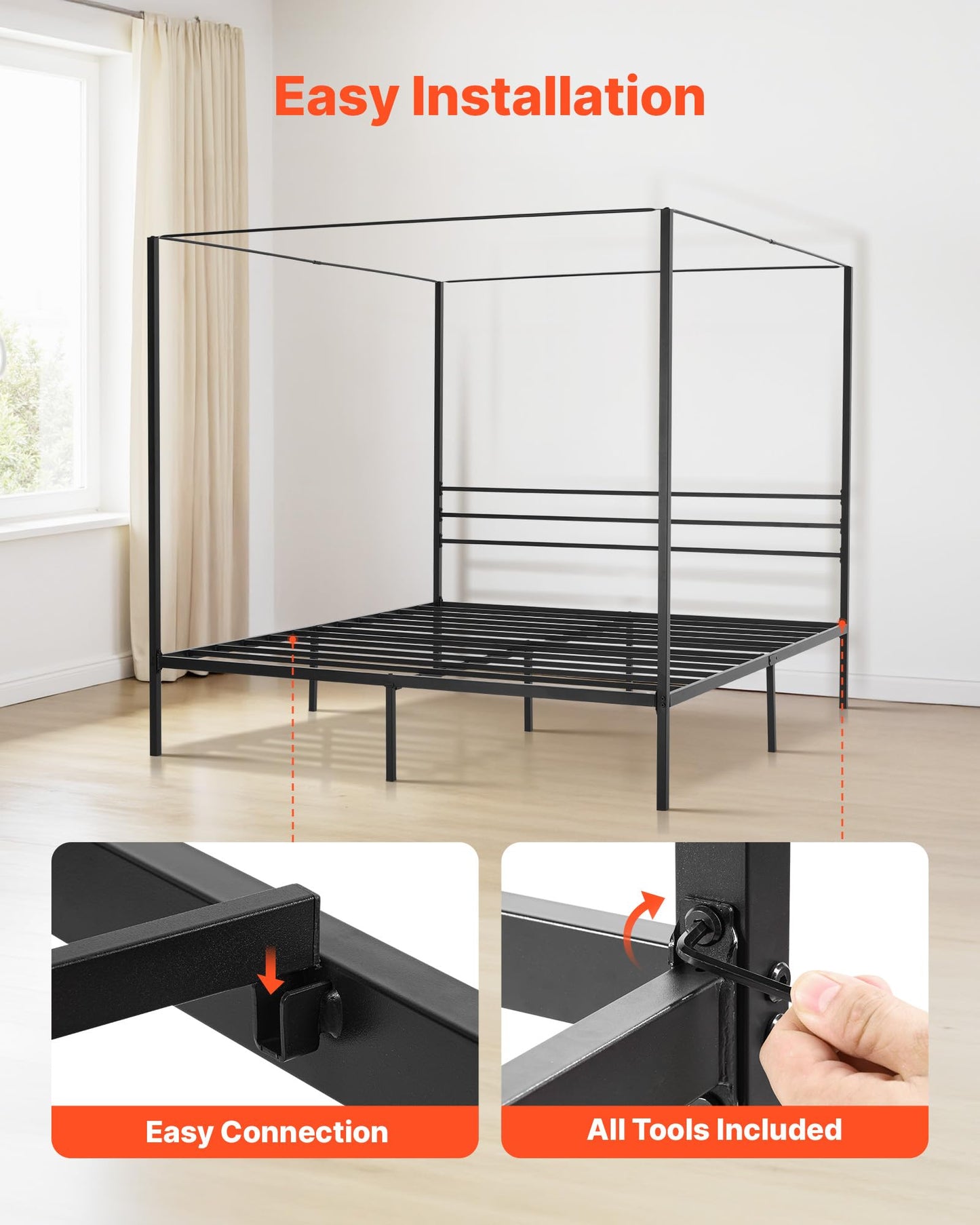 VEVOR King Size Canopy Bed Frame, Metal Canopy Bed with Four Posters Design, Heavy Duty Steel Slats Support, Underbed Storage Space, No Box Spring Needed, Easy Assembly, Black