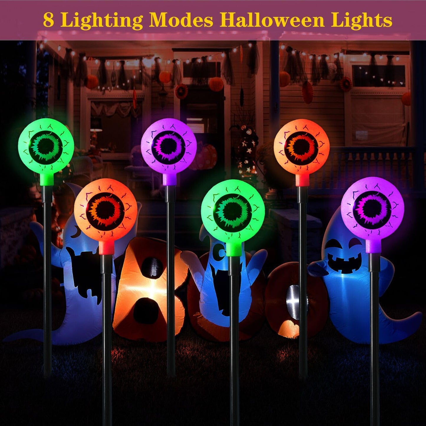 Outdoor Halloween Decorations Set of 6 Solar Garden Lights, Scary Eyeball Solar Landscape Pathway Stake Lights, 8 Modes Waterproof for Halloween Party Home Yard Patio Decorations