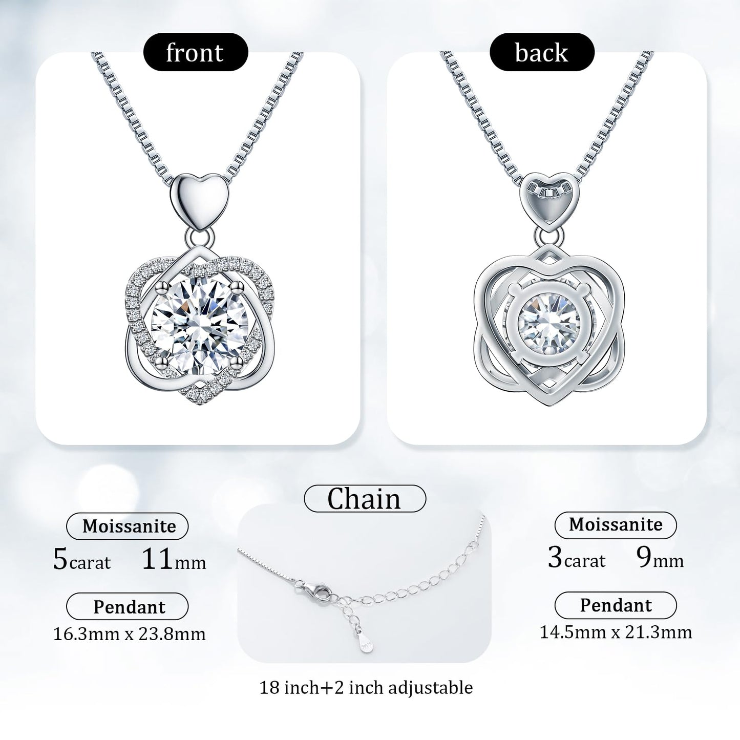 Fullove InfinityLove Heart Necklaces for Women, 3 Carats Moissanite,Silver Pendant Jewelry, Anniversary Birthday Gifts for Wife, Girlfriend, Daughter,Mom
