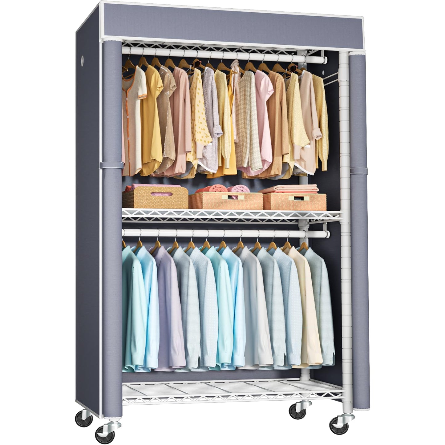 FUTASSI White Clothing Rack with Grey Cover, P1C Rolling Closet Rack with Wheels, Metal Garment Rack for Hanging Clothes, Clothing Storage Wardrobe, 36.2" W x 16.5" D x 80.5" H, Load 450 Pounds