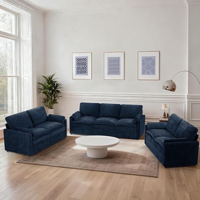 ACMEASE 3 Pieces Chenille Sofa Set w/Arm Pillows, Upholstered 2 Pieces Loveseat & 3 Seater Sofa w/Comfortable Back Cushions, Modern 2-Seat & 3-Seat w/High-Density Foam for Living Room, Blue