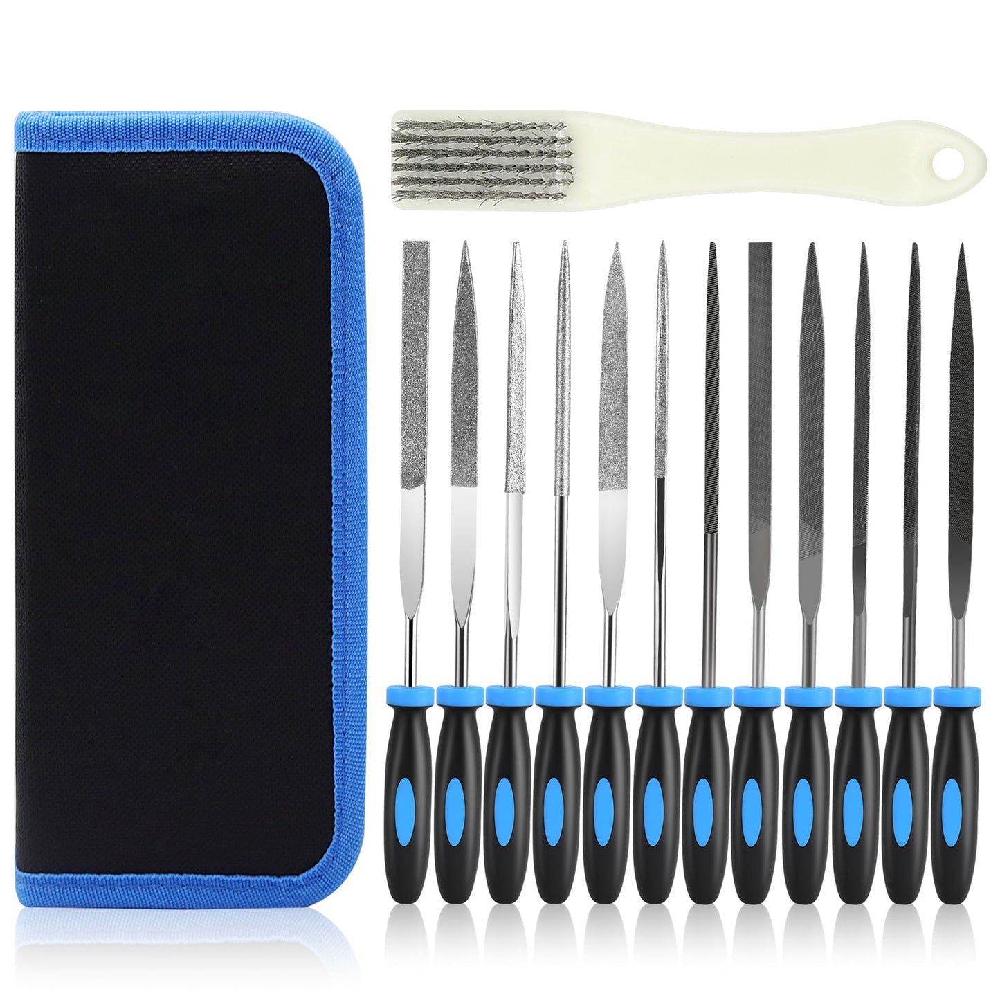 SOWKIPE 13Pcs Premium Small File Set, 6 Diamond Files, 6 Steel Files, Cleaning Brush & Carrying Case for Wood, Plastic, Jewelry, Leather, DIY