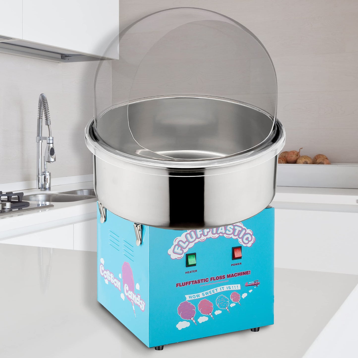 Cotton Candy Machine – Flufftastic 1000W Floss Maker with Dome Shield and Stainless-Steel Pan – Party Treat Maker by Great Northern Popcorn (Blue)