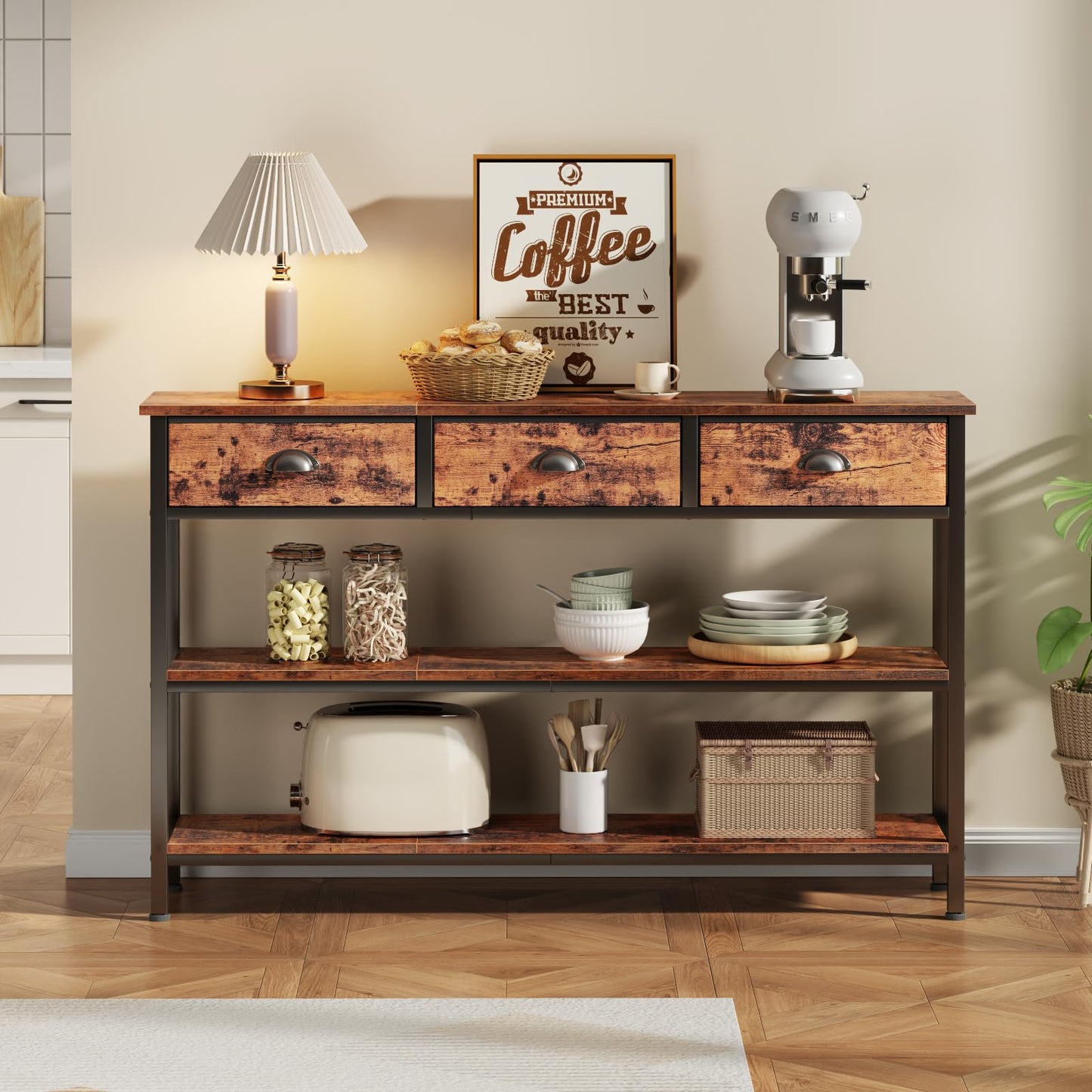 Furologee Long 47" Console Sofa Table with 3 Drawers, Entryway Table with 3-Tier Storage Shelves, Industrial Display Shelf for Entry Way, Hallway, Couch, Living Room, Kitchen, Foyer, Rustic Brown
