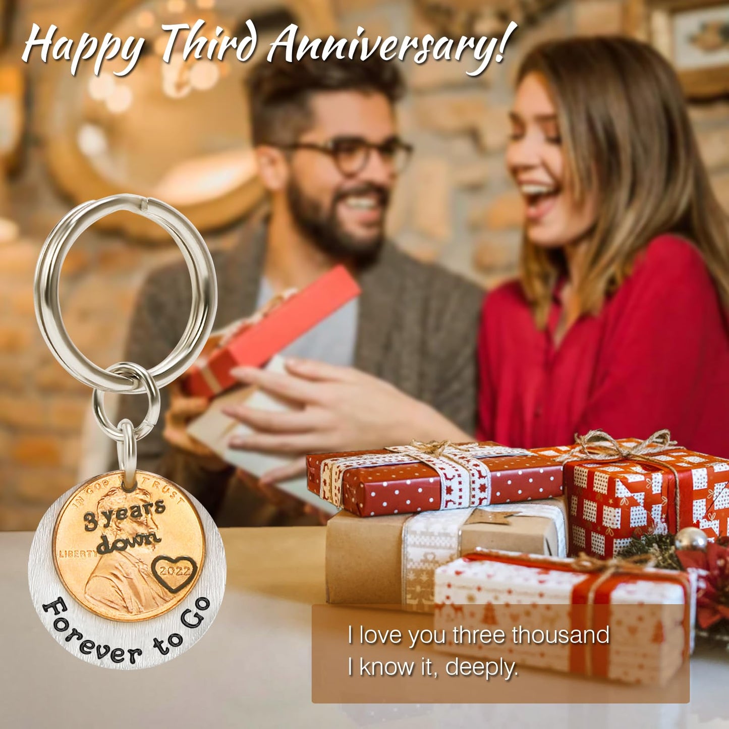 HRMYUDI 3 Years Anniversary Copper Gift for Man Woman, Coin Keychain with a 2022 Penny, 3 Years Down and Forever To Go Keyring, Third Anniversary Copper Gift for Him Her