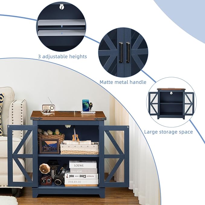 Joaxswe Farmhouse End Table with Charging Station Set 2, 24" Large Sofa Side Table with Glass Barn Door, Blue Nightstand with Adjustable Storage Shelf,Wood Square Bedside Table for Living Room,Bedroom