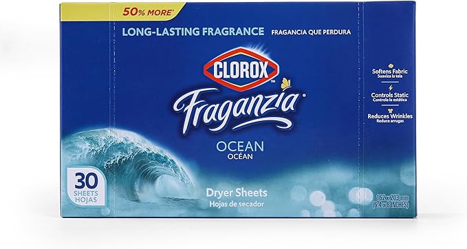 Clorox Fraganzia Fabric Softener Dryer Sheets, Ocean Scent - Wrinkle Reducing Scented Softening Laundry Dryer Sheets for Great Smelling Clothes, 30 Count