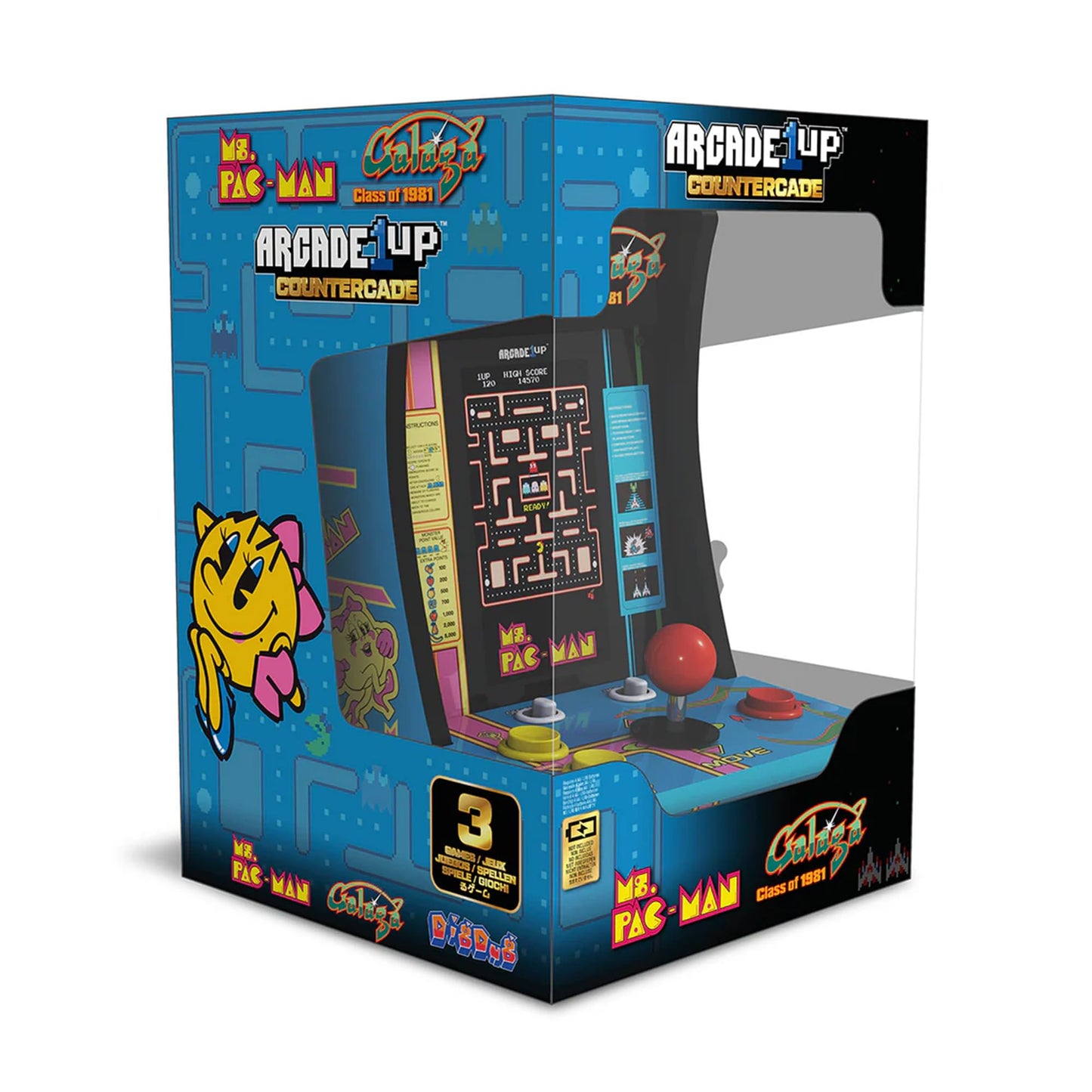 Arcade1Up Class of ‘81 Ms. PAC-Man/Galaga Countercade – 3 Classic Games, Retro Game Console for Home, Portable Console with 7-inch Screen, Table-top Video Game for Game Room