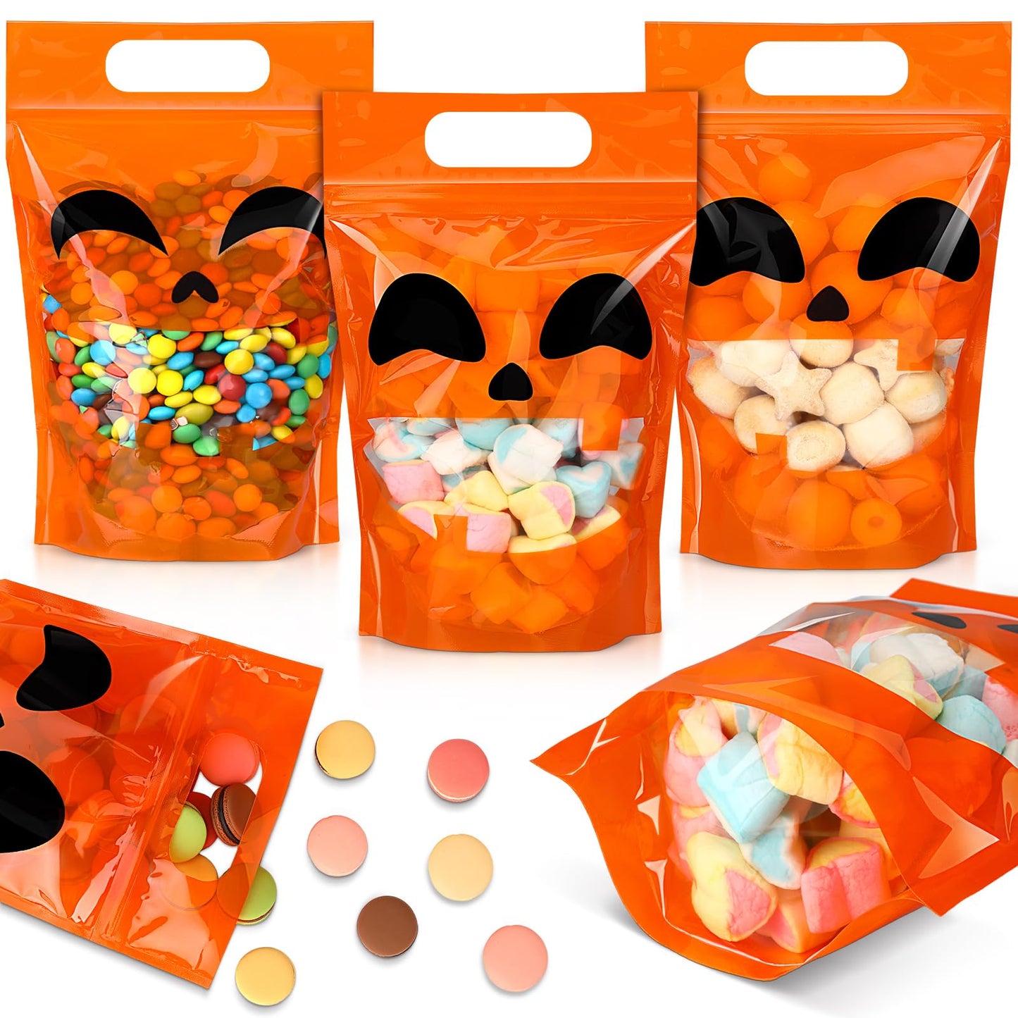 Blosssound 50 Pcs Halloween Plastic Bags Trick or Treat Sealed Bags with Handles Pumpkin Favor Pouches for Home Trick or Treat Party Candy Guests Gift Wrapping Supplies Decor (Halloween)