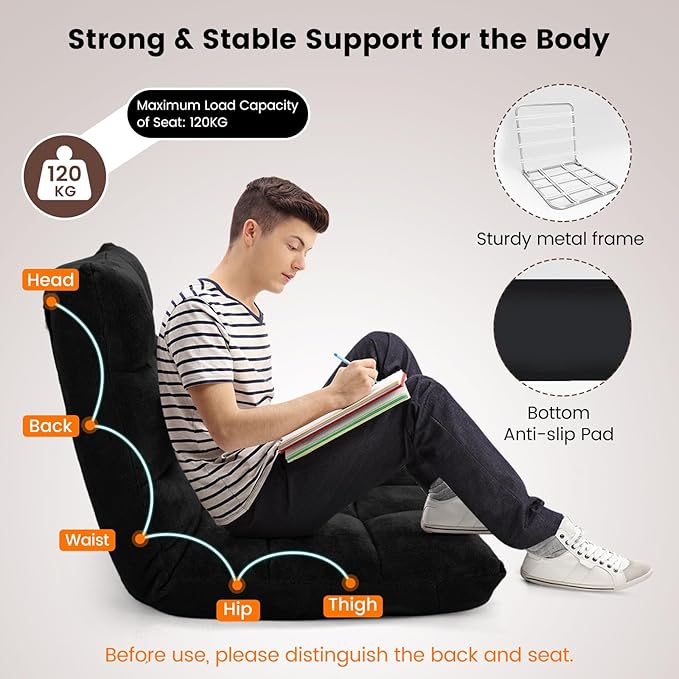 MAT EXPERT 14-Position Floor Chair, Floor Gaming Chair w/Soft Coral Fleece, Alloy Steel Frame, Padded Lazy Couch Recliner, Floor Chair with Back Support for Reading, Meditating, Playing Game (Black)