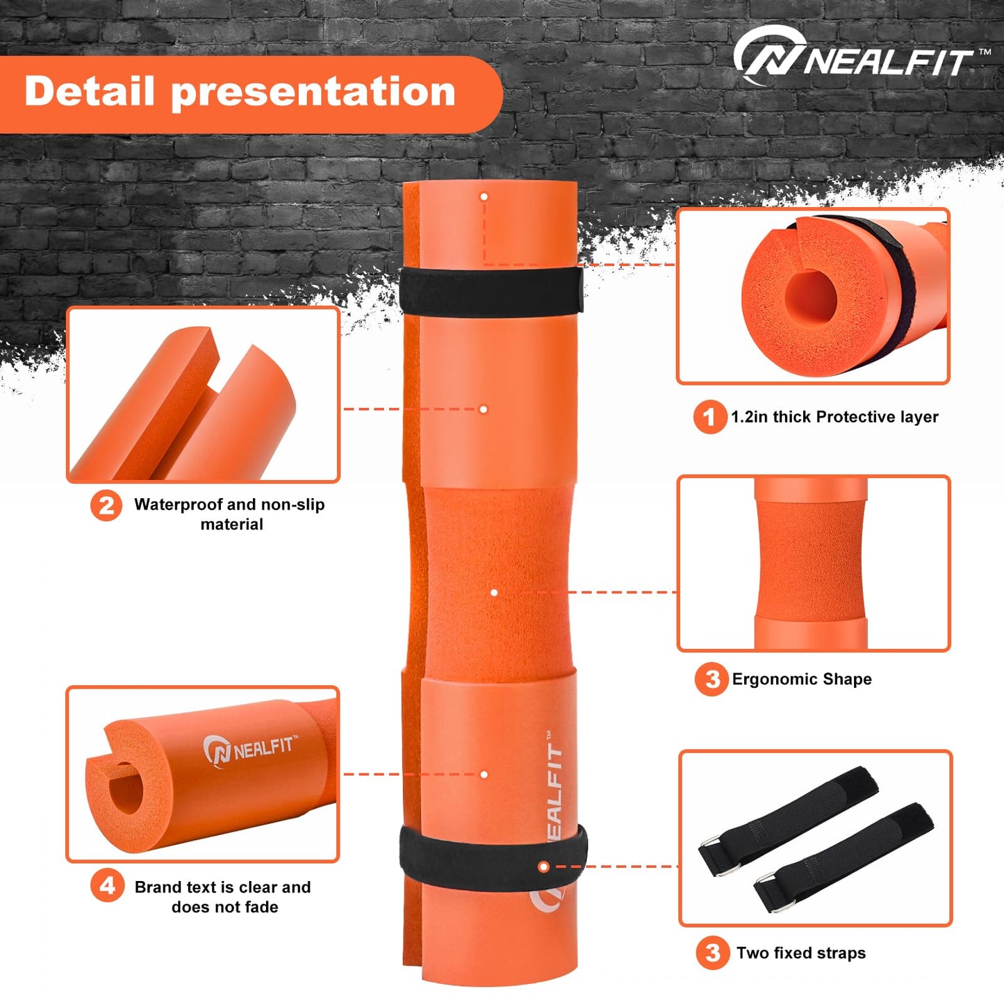 NEALFIT Barbell Pad Squat Pad for Squats—Squat Bar Pad—Great for Weightlifting,Lunges and Hip Thrusts—Foam Sponge Pad—Fit Standard and Olympic Bars Perfectly (Orange)