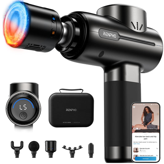 RENPHO Active+ Thermacool Massage Gun with Heat & Cold, Fathers Day Dad Gifts, App Control with Video-Guided Courses, Deep Tissue Handheld Massager for Back and Neck, 5 Speeds, 5 Heads, Carry Case