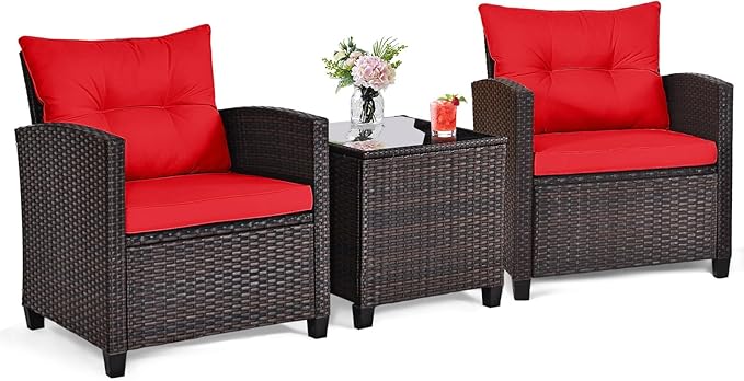 ORALNER 3 Pieces Patio Furniture Set, Outdoor Wicker Conversation Set Rattan Chairs with Cushions, Glass Coffee Table, Bistro Set for Front Porch Balcony Garden Deck Poolside (Red)