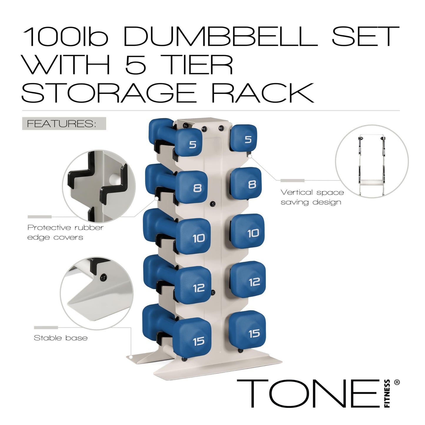 Tone Fitness 100 LB Neoprene Dumbbell Set with Storage Rack – Non-Slip, Anti-Roll Hand Weights for Home Gym Workouts | Light Gray Rack and Purple Dumbbells