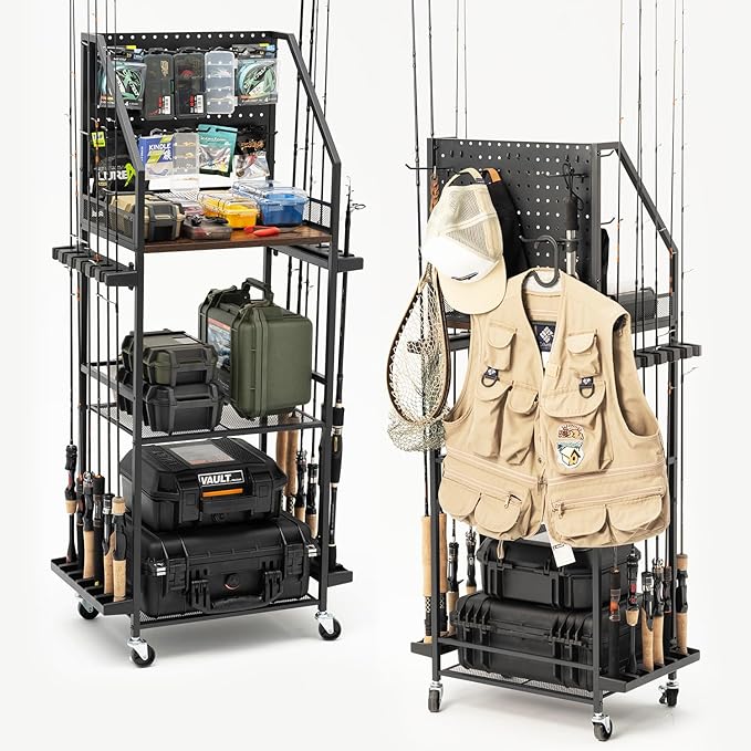 SOYEEZE Fishing Rod Holders for Garage with Pegboard and Lockable Wheels, 3-Tier Fishing Pole Rack with 10 Hooks, Fishing ...