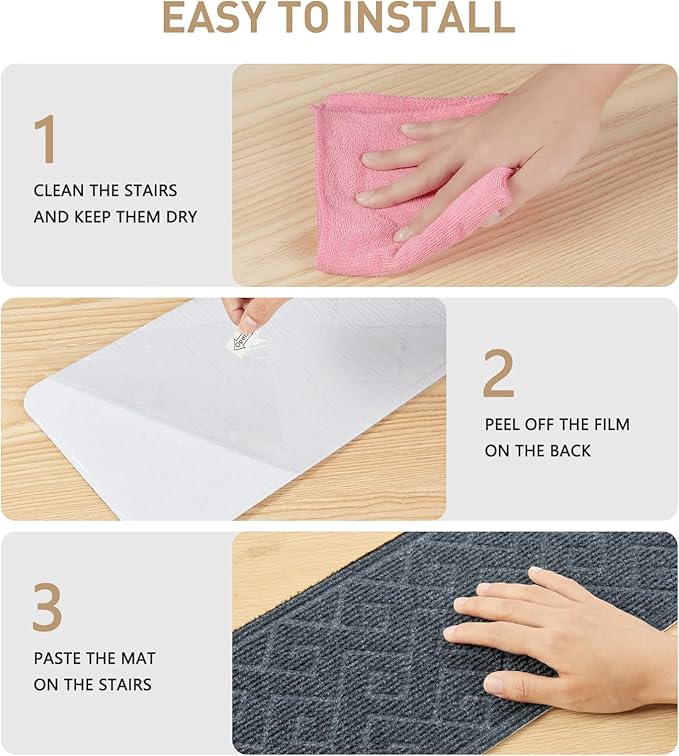 Stair Treads for Wooden Steps, 8" X 30" Non Slip Stair Runner Carpet Indoor with Reusable Adhesive Backing, Soft Tread Mat for Stairs, Polyester TPR Backing Stair Rugs- Dark Gray 15 Pack