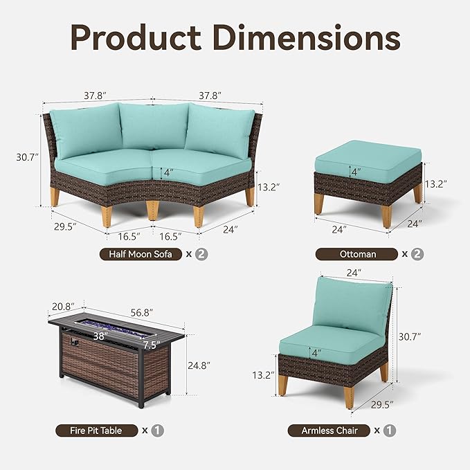 GREEN PARTY 7 Pieces Wicker Patio Furniture Set with 56" Fire Pit Table, All-Weather Outdoor Rattan Patio Half-Moon Curved Sectional Sofa Conversation Set with 4" Thick Cushions for Backyard (Blue)