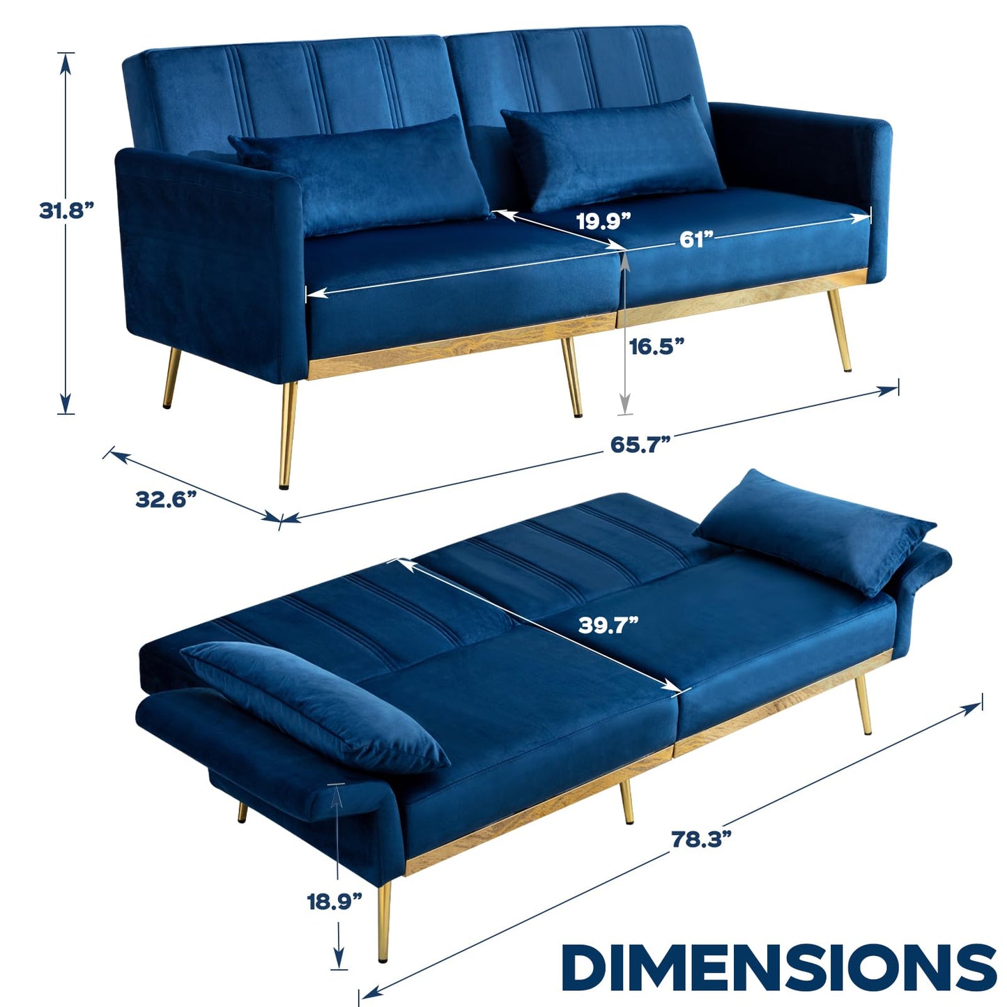 dannratch Futon Sofa Bed Velvet Convertible Sleeper Sofa Tufted Couch Bed with Adjustable Armrests and Backrest, Modern Loveseat Sleeper Bed with 2 Bolster Pillows for Living Room, Bedroom, Blue