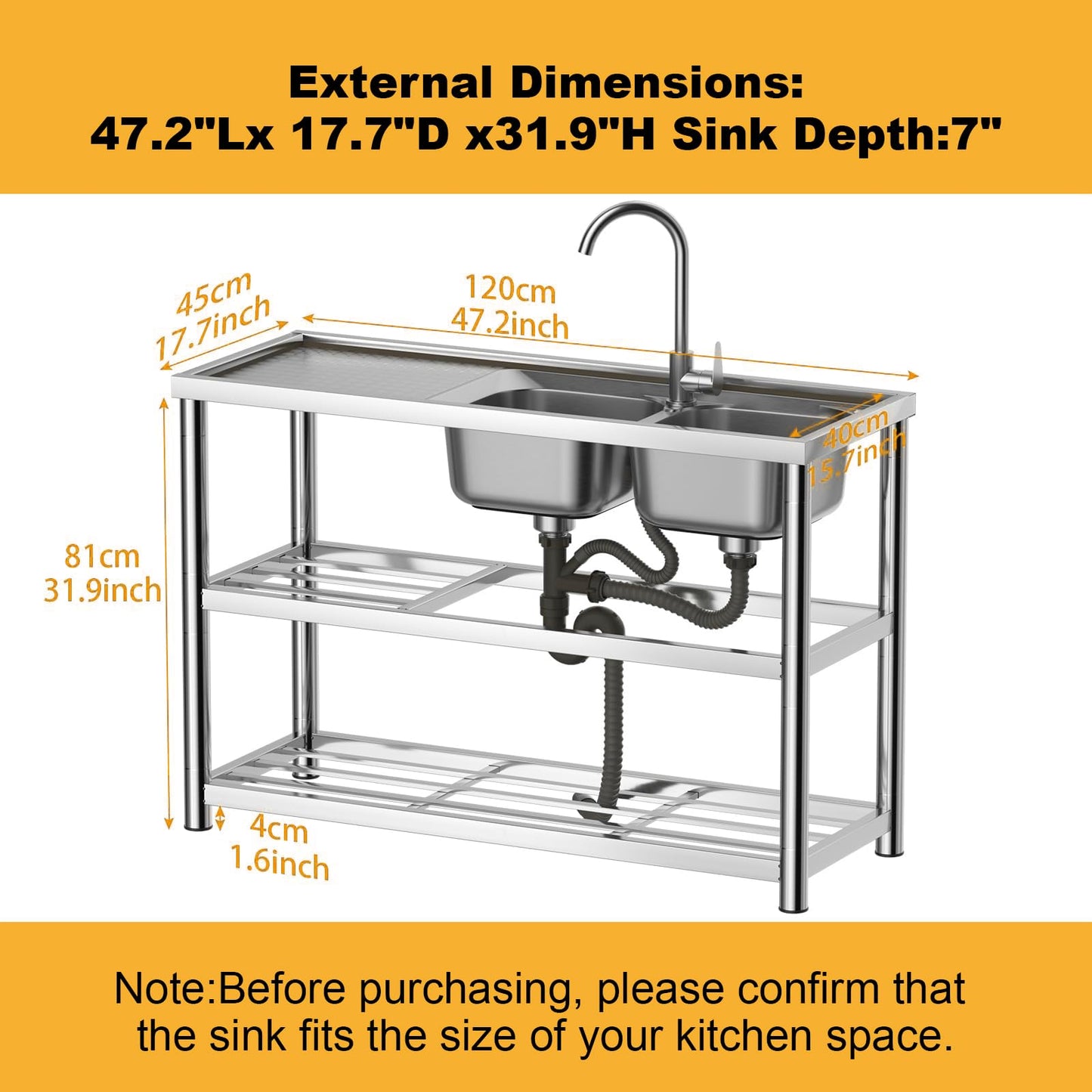 Vivrhintty 304 Stainless Steel Utility Sink, Free Standing Double Bowl Kitchen Sink, Suit for Commercial,Restaurant, Indoor & Outdoor (47 inch)