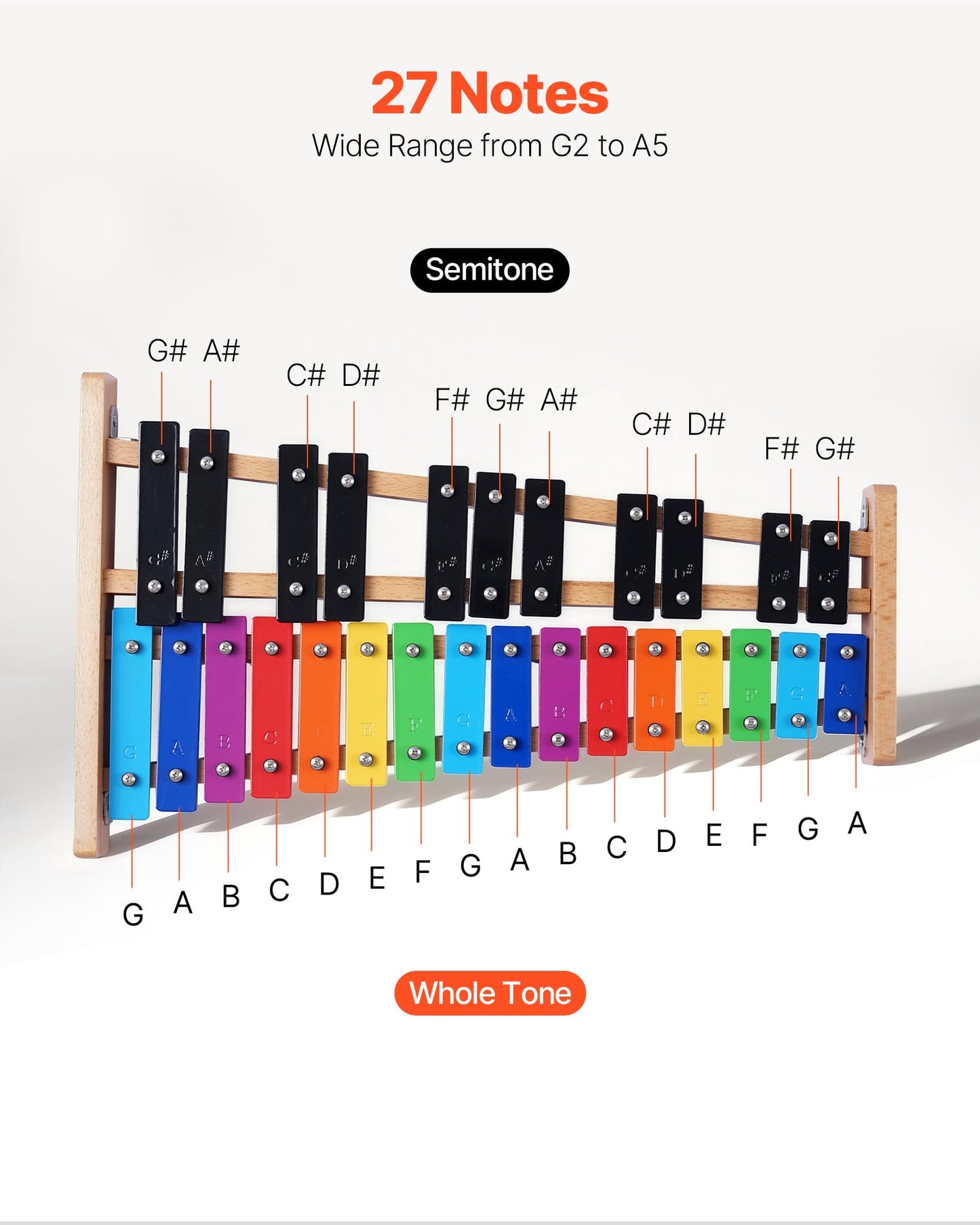 Vevor Glockenspiel Xylophone, 27 Notes, Professional Xylophone Percussion Instrument, With Colorful Metal Keys, Includes 4 Malle